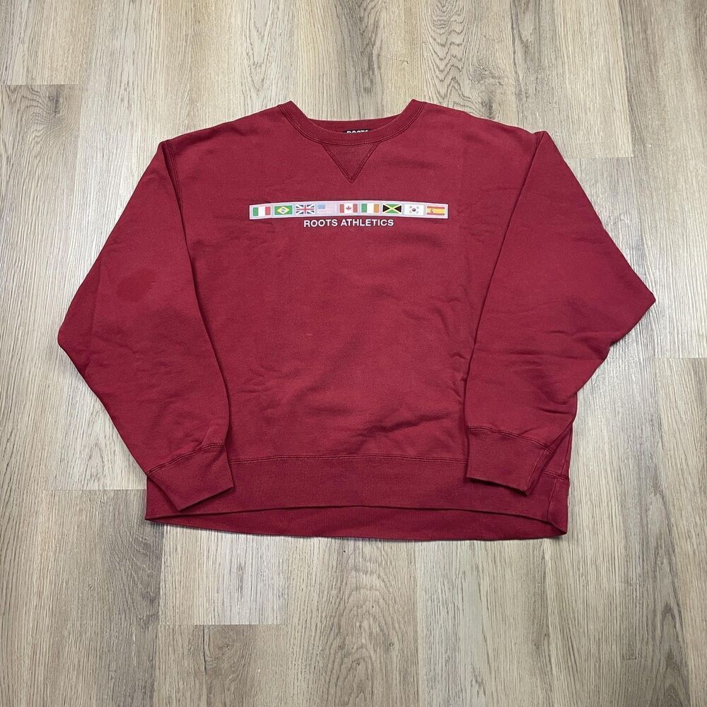 Roots Athletics Sweatshirt Mens XL Red Crewneck Pullover Flag Logo International